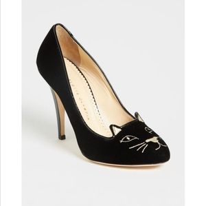 Charlotte Olympia Black Embroidered Velvet Kitty Cat Pumps Size 39 1/2
